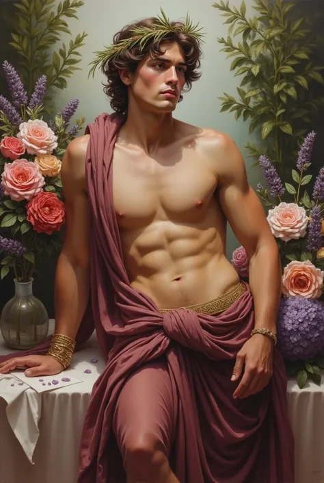   Ancient Greek style ,greek art, an oil paint painting on canvas , of a young Greek man of angelic beauty equal to the Greek gods ,oval face, defined jaw,voluminous wavy brown hair loose on his head with a garland of olive trees and lavender , thin athlet...