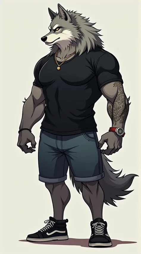 Muscular furry wolf dressed as a In shorts and black t-shirt with a tattoo on his left arm digital drawing anime furry