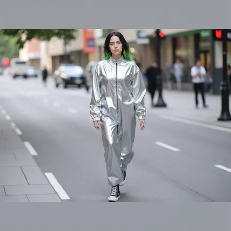 b1ll13 , Make a high quality full body image of Billie Eilish wearing a tight shiny silver unitard that covers her body from toes to neck with Converse shoes, she is posing for the camera, casual moment.