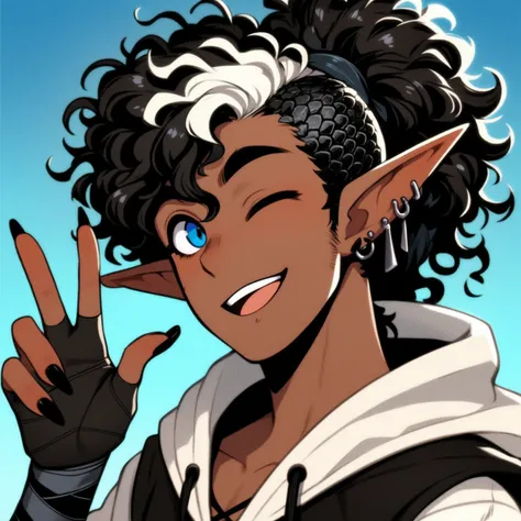 1boy, light brown skin, afro-male, black reptilian scales on forehead, long pointy ears, long curly rear hair bun, black hair with white highlights, small goatee, blue eyes, playful expression, winking, piece sign pose, black nails, white and black sleevel...