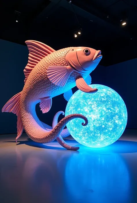 brightly lit fish sculpture in a museum with a blue light, octopus wrestling with a sphere, takashi murakami artwork, takashi murakami art style, yokai, ghost sphere, style of takashi murakami, miyamoto abduzeedo, exhibit, angler fish sculpture, museum mas...