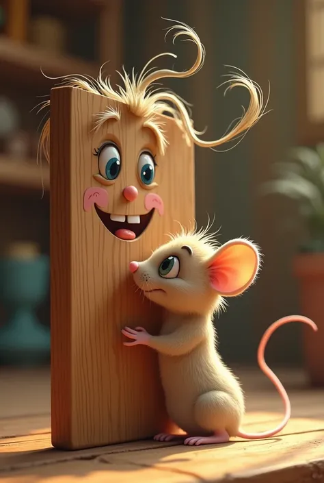 LITTLE MOUSE HUGGING A BOARD WITH EYES AND LONG HAIR 