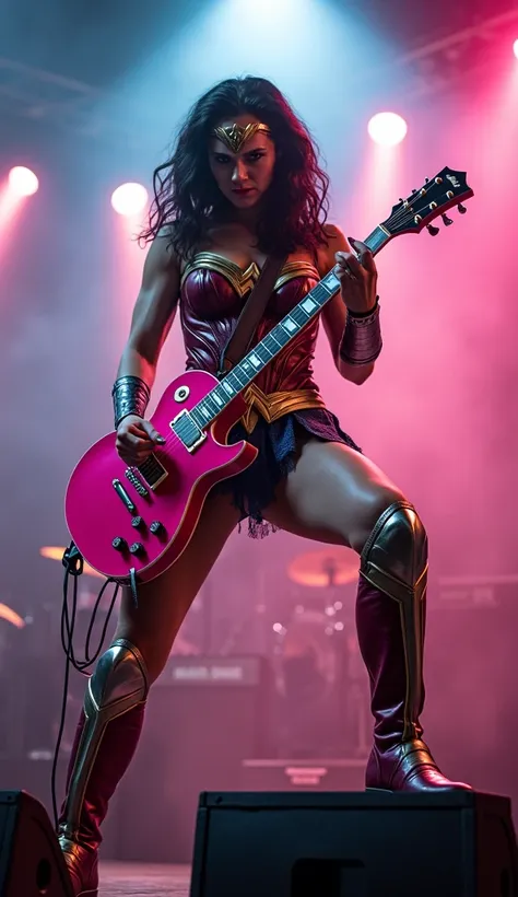 scene on stage at a rock concert, WONDER WOMEN is playing a pink guitar, full of anger with a rock star style, right foot resting on a sound system, light effects, smoke effects, festive atmosphere,