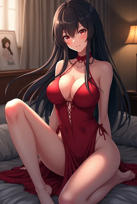 Shouko Komi, anime, sexy clothes, neckline, legs in the air, room, sexy red dress,  erotic lingerie ,