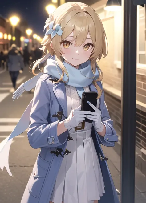 Luminedef,  upper body, smile, , (((sky blue duffle coat,Wrap the scarf around your neck, white sweater, white skirt))),gloves, smaller chest,night,Street lamp,  simple background , blue null, , null, Street Corner,  viewers,  Moody Lighting ,  facing the ...