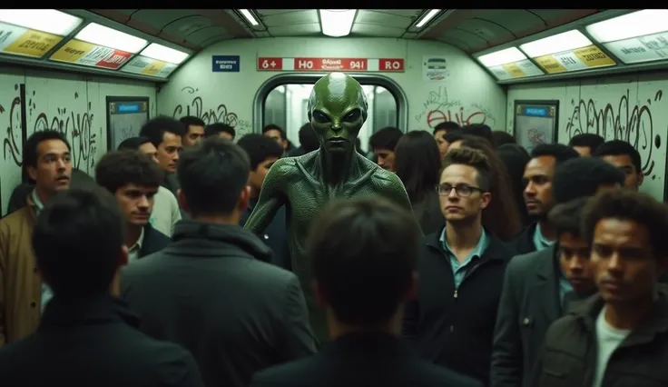 " cinematic image ,  ultra realistic in 4k of an alien trying to get into a crowded subway car at Rio de Janeiros Central Station.  The scene shows the station full of people ,  with hurriedly moving crowds .  The urban environment is detailed with subway ...