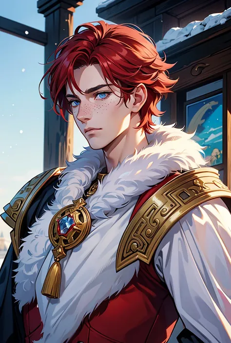 male prince, battle-ready focused, royal regalia, 40 year old, opulent cold winter feel, strong freckles, short red hair, icy blue eyes, dashing and charming, manwha seinen art style, masculube, stoic, viewer looking up from low angle