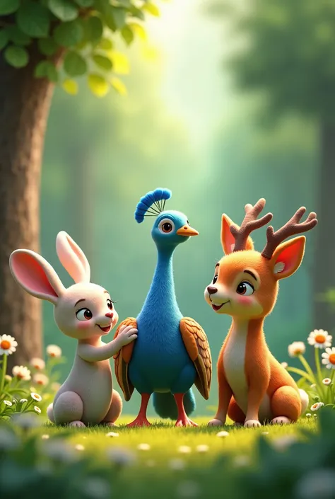 In cenemetic 3d cartoon style"A whimsical, enchanted forest scene depicting the bond between three unlikely friends: a curious rabbit, a proud peacock, and a gentle deer, set against a lush, vibrant backdrop."