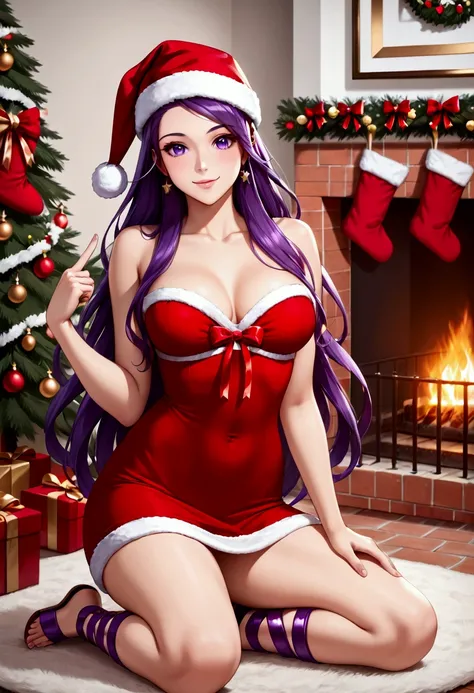 ( front view, looking at viewer, Christmas) ,  One girl , (Athena,Athena), cute girl,  very detailed beautiful girl ,  very detailed face ,  perfect face , purple eyes,  perfect eyes,  The nose is accurately formed ,Expressive lips,smile, smiling with her ...