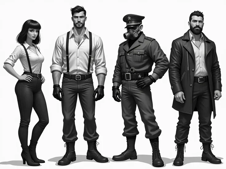 I would like a black and white photo of the 4 characters described below.A tall, adult woman, with a (large physique:1,0), a (bodybuilder:1,5), is wearing pants, a blouse with the sleeve rolled up to her shoulder, suspenders, boots, and gloves.
22-year-old...