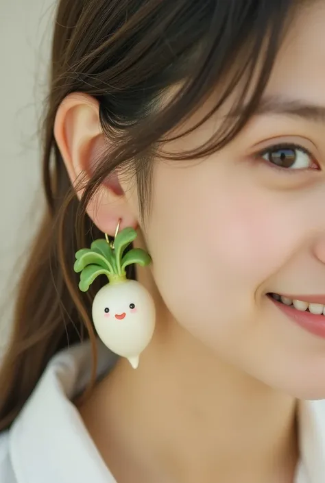 A woman wearing daikon earrings, close-up of the daikon earrings. Cute daikon earrings with a motif of a daikon character(white, round body, green leaves hair)