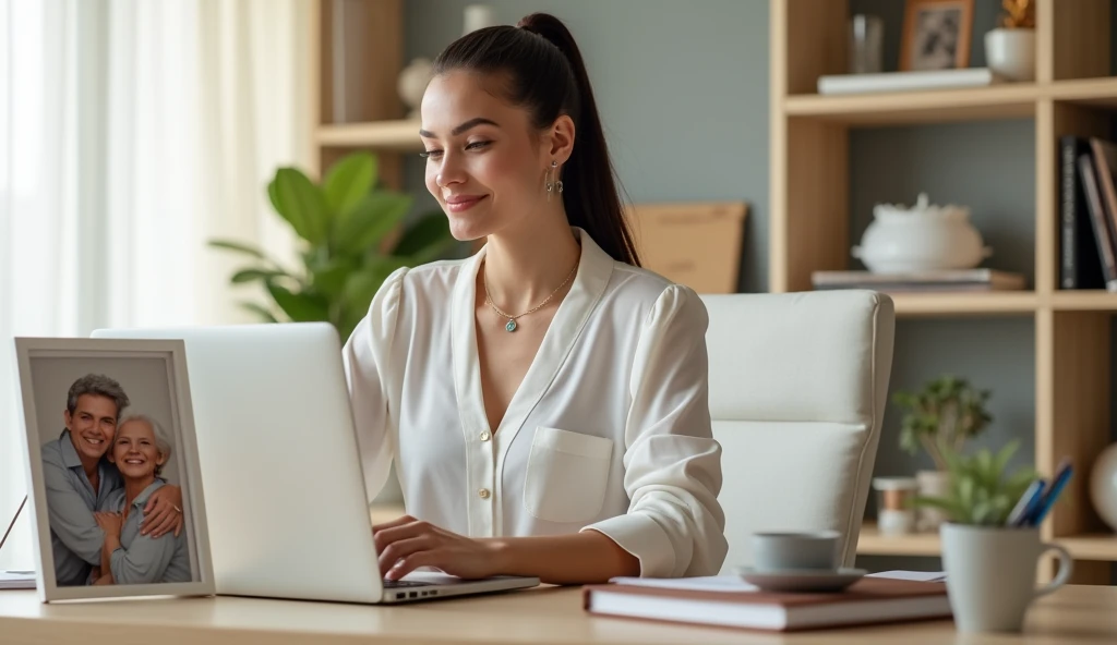 Create a realistic image of a 21-year-old beautiful woman sitting at an office desk, looking professional and elegant. She has long, dark hair tied back neatly and is wearing a tailored white blouse with a pencil skirt, accessorized with minimalistic jewel...