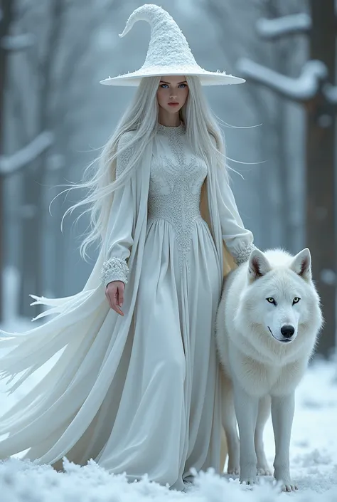 A witch wearing white clothing with silver hair and eyes, a cold expression on her face, her skin pale as snow give her a witch hat and a white wolf with her