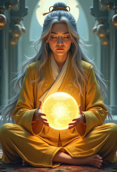 Elderly psychic with crystal ball and crystal ball,jpn,Asians、Close-up portrait of an elderly woman，Holding a glowing ball in your hand,Long grey hair，Wearing a golden jacket、Cross-legged meditation、Ignite the magical aura around you，Taoist masters,Taoist、...