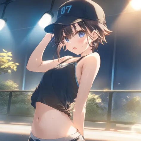 1girl, loli, tomboy, sweat, shorts,beautiful detailed eyes,open mouth,baseball_cap, outdoors, wind,  game CG, break,(artist:mitsumi_misato),artist:fujiyama,artist:kokonoka, break,(masterpiece), (best quality), (ultra-detailed),(Detailed Lighting), very aes...