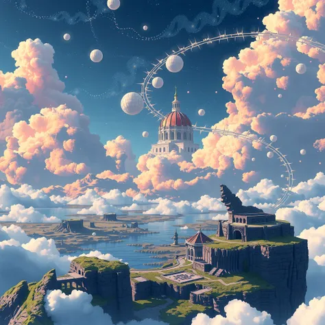 (best Quality), (CG Music Packaging), (No Text),no human,pixar style,I draw magnificent and fantastical landscapes that are adventurous and moving. It includes vast horizons with twinkling sky lights, a fusion of futuristic and medieval elements, and a gen...