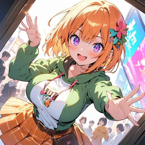  One Girl 、 green hooded hoodie with avant-garde design、 One Curl Bob Cut ,  cute white inner shirt ,  top quality 、Ultra-detailed eyes, 20 color light ,  fashionable clothes, Orange Hair、 purple eyes、smile、Big Breasts、 Game Center,  orange check skirt , D...