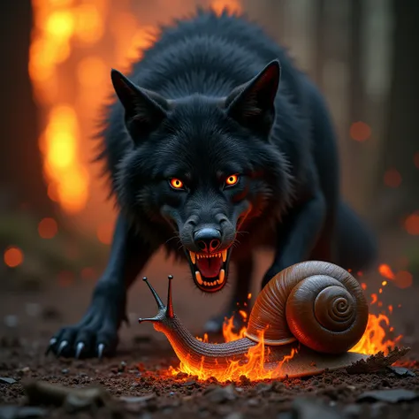  black wolf ,  with an angry open mouth , Red Eyes,  a burning snail in front of the wolf ,  in the background a font in flames, xp8 