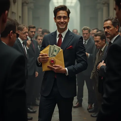 Amid a dark atmosphere, full  figure of a handsome white young male politician standing in the center. He is dressed in an expensive dapper suit, shoes, tie and socks and a massive gold ring with a ruby. He and holds a golden envelope from wich a portion o...