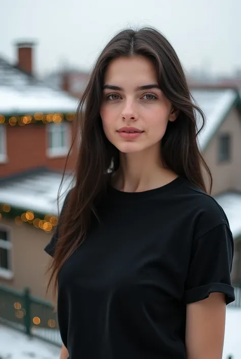 Beautiful Russian girl in a black ordinary loose t-shirt on the roof of houses in garlands in winter in a stylish pose right to the camera
