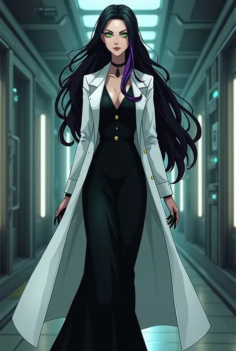 Anime style 
Woman
Human
45 years old 
Evil eyes 
Evil smile 
Villain
White coat
Evil scientist 
Long hair 
Loose hair 
Dr. Anya Nox has black hair with dark purple streaks, piercing green eyes, and always dresses in an elegant long black dress that reflec...