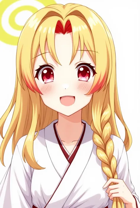 White skin, gold hair with bright red tips, red eyes with a yellow ring around it with white pupils, female, white kimono, smile, pink lips, rosy cheeks, vibrant personality, anime, long hair in a braid