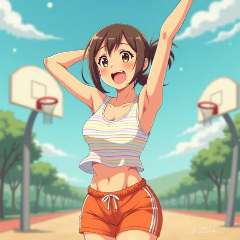 anime illustration, woman, low ponytail, brown hair, brown eyes, slight tan, tank top, side swept bangs, tiny pink-blue-yellow-white striped pattern on tank top, thin horizontal stripes, orange shorts, proportionate medium sized breasts, round face, standi...