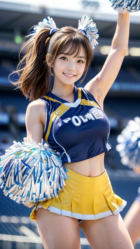 Product quality,1 girl,Cheerleader,Cowboy Shot,Young and cute Japanese,((Stadium Background:1.2)),(Holding big pom-poms in both hands:1.5),smile, cheer leading,Cheerleaderuniform,Ultra Short Short Pleated Mini Skirt,Very cute face,Glossy Lips,Beautiful big...