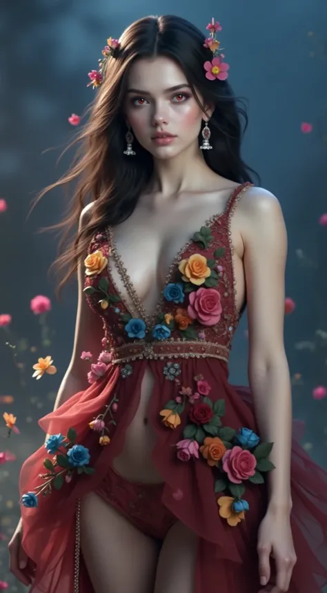 score_9, score_8_up, score_7_up, score_6_up, score_5_up, score_4_up, highly detailed, perfect face, beautiful face, highly detailed face, jewelry, hair ornament, hair flower, white hair, floral pattern, earrings, yellow flower, pink flower, red flower, red...