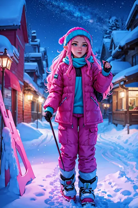 Woman, long wavy hair, blue eyes, pink hair, elf, sexy, city, cold weather clothing, snow, beautiful, pretty, cute, seductive, bold , Skiing, skiing, night, Cold weather clothing, pants 