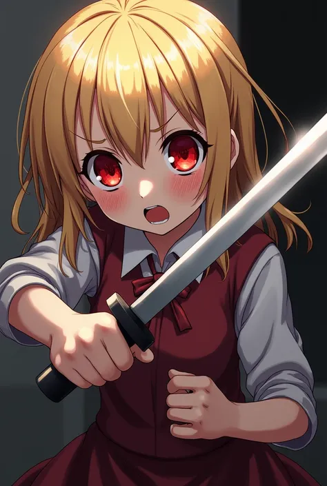  Portrait of a schoolgirl holding a knife ,  crazy 
Anime 
Blonde  , eyes swirl that red 