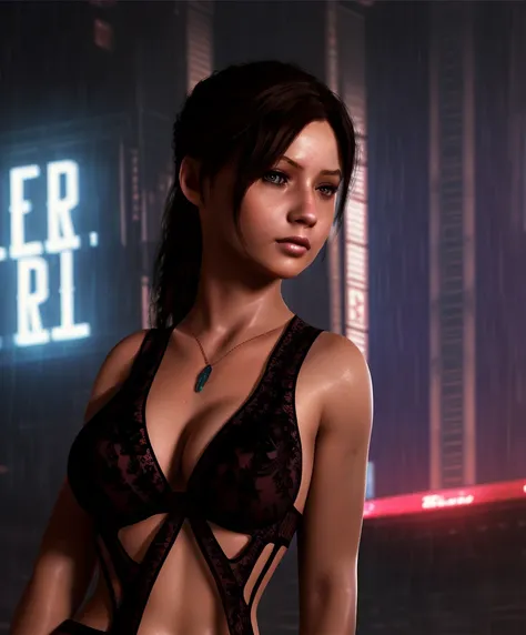 claire redfield, Cute girl,  in black lace bra Take , Lace stockings,  open red jacket ,  Big Bust,  sexy,   perfect body  ,  perfect shape ,  complete lighting ,  posing ,  by Connor Harrington , ( look at the audience:1.1) (From the top:1.1), ( cyberpunk...