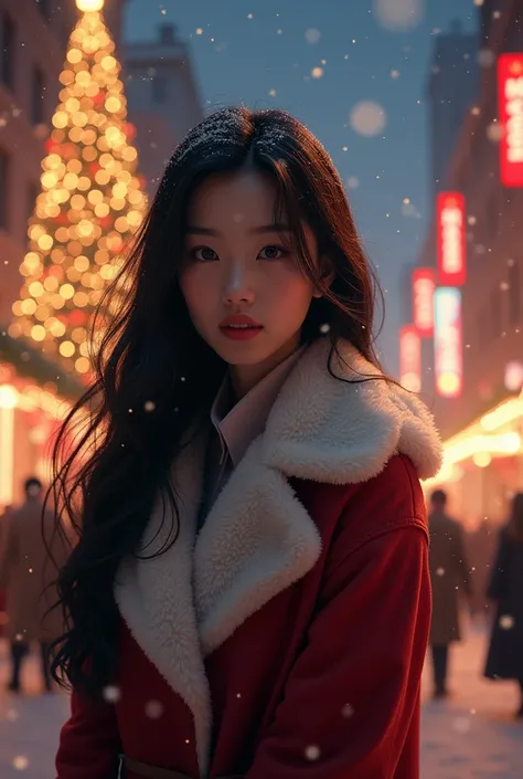 Christmas night、 The city is beautiful and shining with Christmas trees and illuminations。Asian beauty with long black hair in winter clothes 。Stop and look at us。