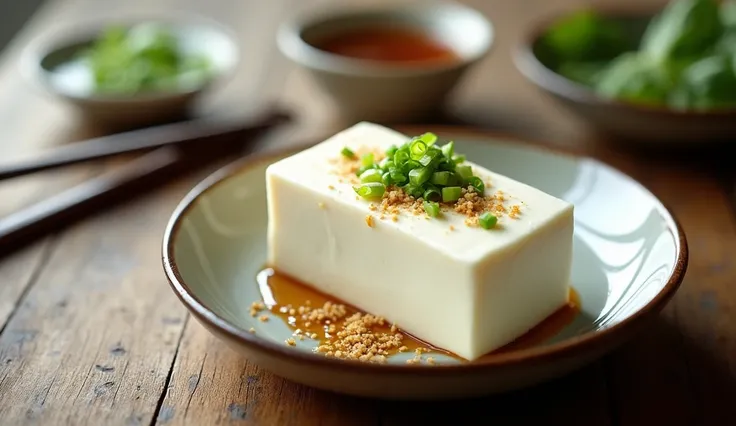 "A clean and vibrant image showcasing fresh tofu. The tofu is presented as a smooth, white block placed on a minimalist ceramic plate. It is garnished with finely chopped green onions, a sprinkle of grated ginger, and a drizzle of soy sauce, highlighting i...