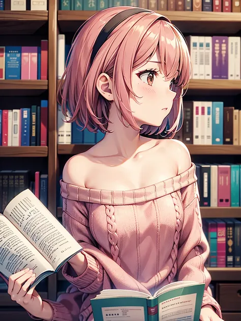 4K quality,cute, brown eyes,  brown hair ,20-year-old woman,Alone,  small breasts, pink off-the-shoulder knitted sweater,  I wear a pink hair band on my head,  short hair ,  Serious Face ,Reading in the library,profile,