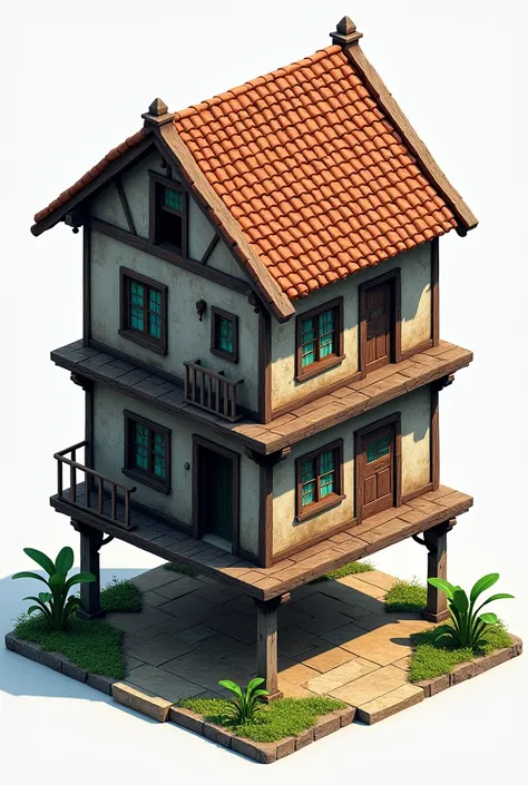 Generate an isometric view of a three-story rectangular building, a traditional type of building, such as houses in Ecuador, raised above the wooden and steel floor with a gable roof made of tile 