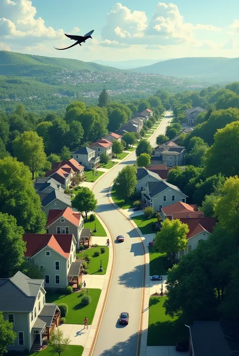 High-quality photograph. A tranquil American suburb, seen from a hundred feet up, on a summers day. Winding, curving, rambling tree-lined streets, houses of different sizes and ages, cars parked in driveways, ren running along the broad sidewalks. In the d...