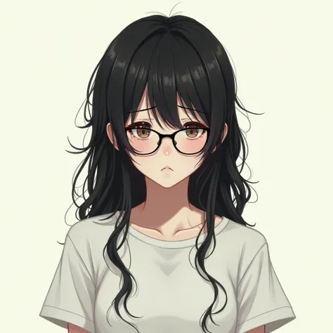  1 girl,  black hair,  Details,  boobs, shut mouth, sleepy,  simple background,  Wearing Glasses, Anime, ทรงผมยุ่งๆ, long bangs,tried face,white T-shirts,ผมดังโงะสองข้าง, 