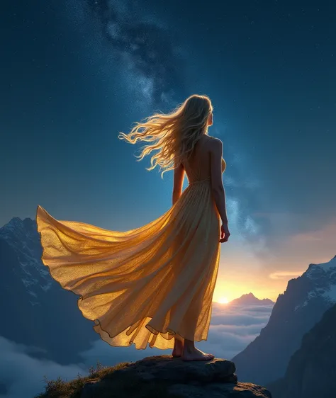 blonde woman looking at the stars, back view, gold and iredescent dress flying in the wind, hair in the wind, on top of a mountain, silhouette 