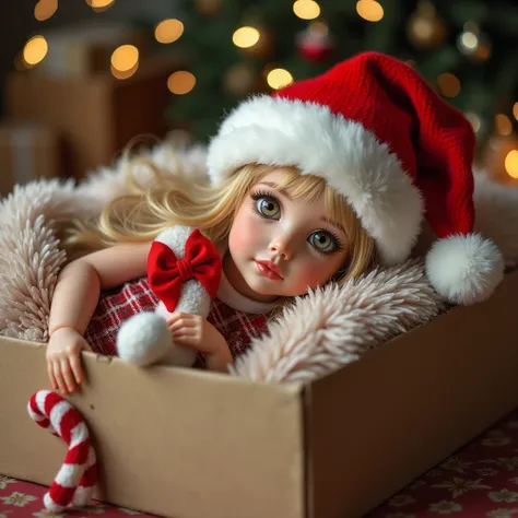  Large cardboard square box containing the Girl, adult,  sexy, Charming, with blond hair in a Christmas hat ,  lies on a soft blanket with toys and a New Years bow ,  masterpiece fails, 8 k,  Complex details , bright colors,  best quality ,  Maximum Detail...