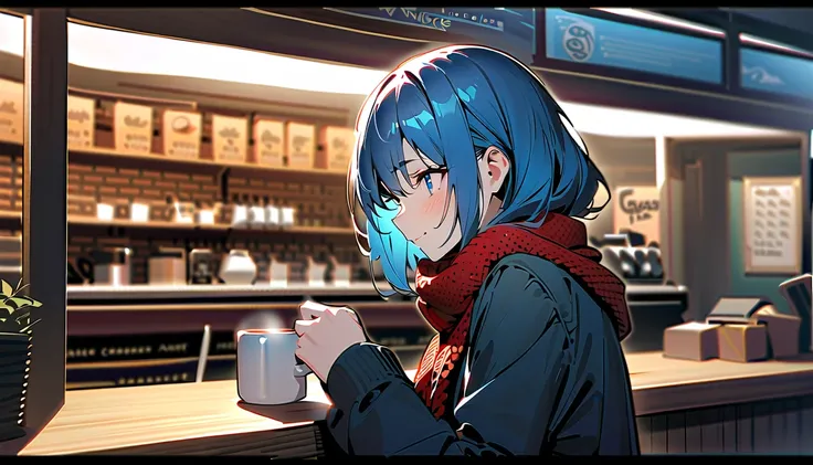 (Alone)，masterpiece， Extreme Details， high res， beautiful illustrations，((Thriller))，wonderful，Medium display， upper body，Girl facing forward， Very Finely Trimmed Blue Hair， beautiful eyes，[Red Nice Crochet Scarf ， miniskirt，( DRINK COFFEE )，Hand holding c...