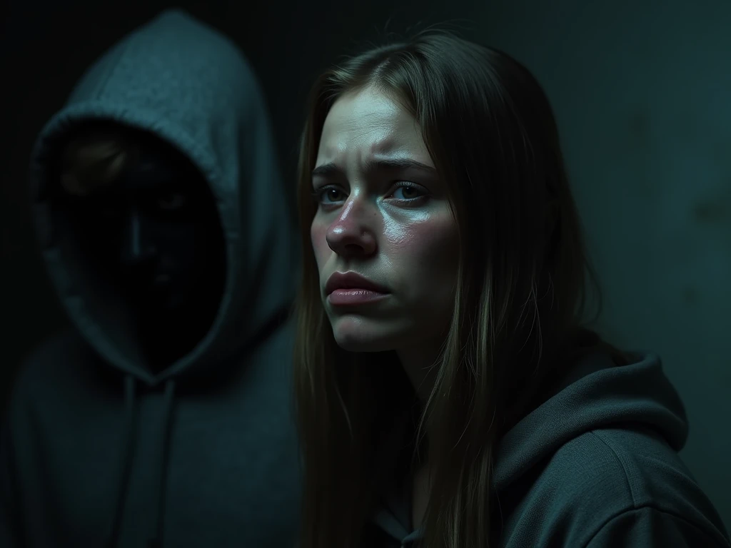  Ultra-realistic 8k image .  in front A woman crying desperately with a sad and bitter face . In the background of the image half blurred, a mysterious man wearing a hoodie ,  with her face covered in darkness as if she were watching the woman crying. The ...