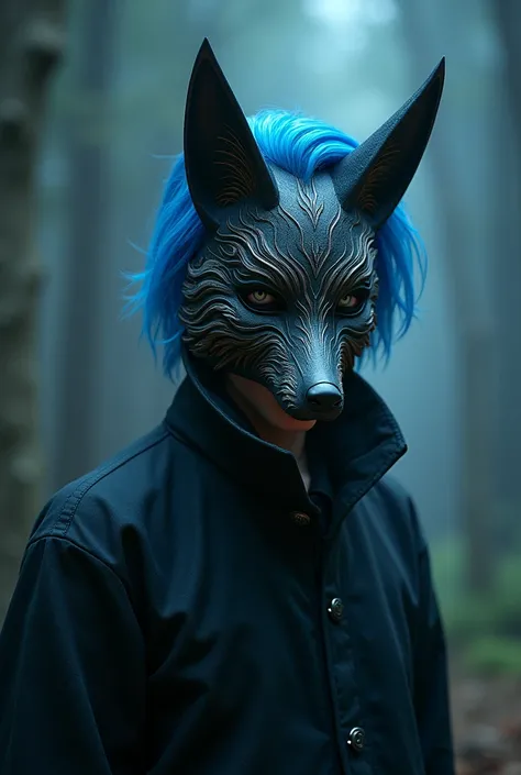 A man with blue hair who wears a fox mask