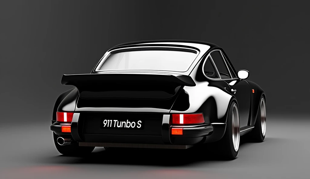 Create a 3D render of a car design featuring the  Porsche 911 Turbo S 1970.The car should be viewed from the [back] in [Black]. Include a [Brand Logo] prominently on the [back]. The headlights should be [white],. The license plate should display [911 Turbo...