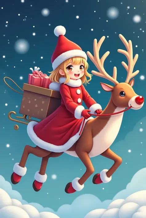  riding a reindeer sleigh from a snowy starry sky 、 coming down with a smile 、 very cute 18-year-old girl Santa Claus 。 red Santa Claus mini dress 。Buttons are heart-shaped 。 red fluffy long boots 、 has a heart-shaped white fluffy hat with a heart shape on...