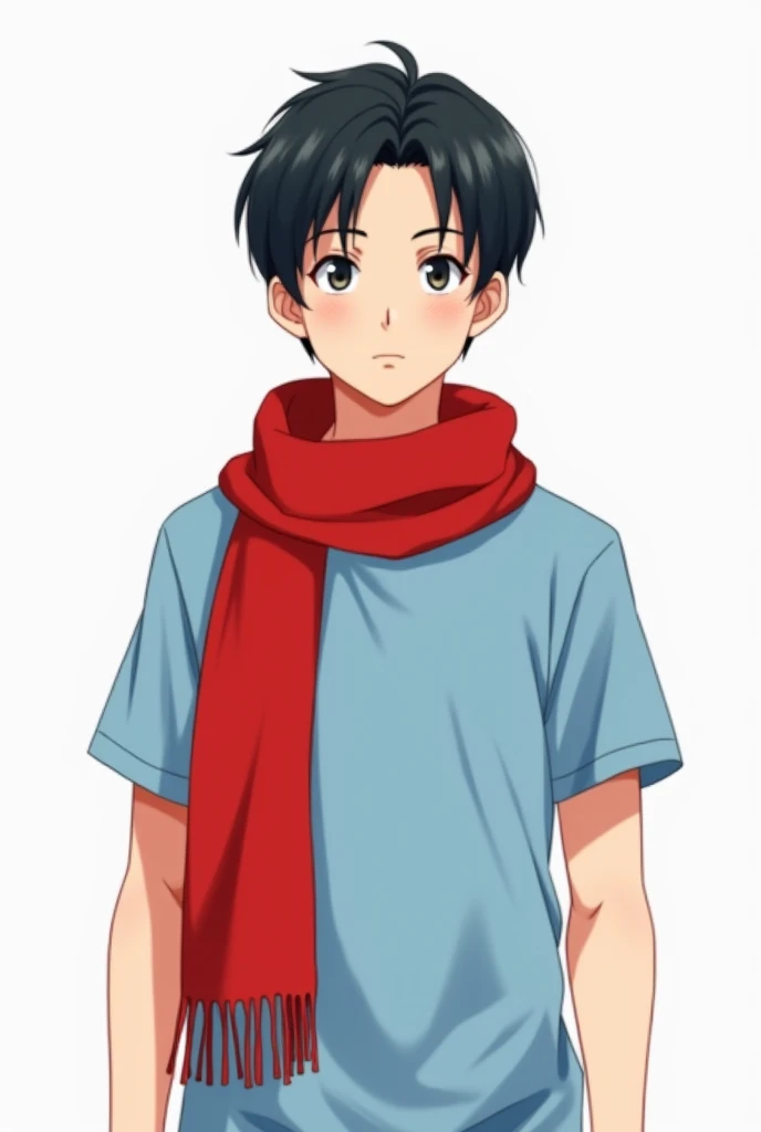 A 20-year-old boy with short, neatly styled dark hair, dressed in a light blue t-shirt, stands confidently against a clean, plain white background. Draped around his neck is a vibrant red scarf reminiscent of Mikasas iconic scarf from the anime Attack on T...