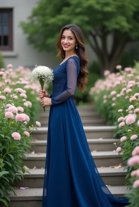 woman in blue dress standing on steps with flowers and smiling, a picture inspired by Nazmi Ziya Güran, cg society contest winner, hurufiyya, with lovely look, full body photogenic shot, wearing long gown, black gown, wearing a long dress, photo taken in 2...