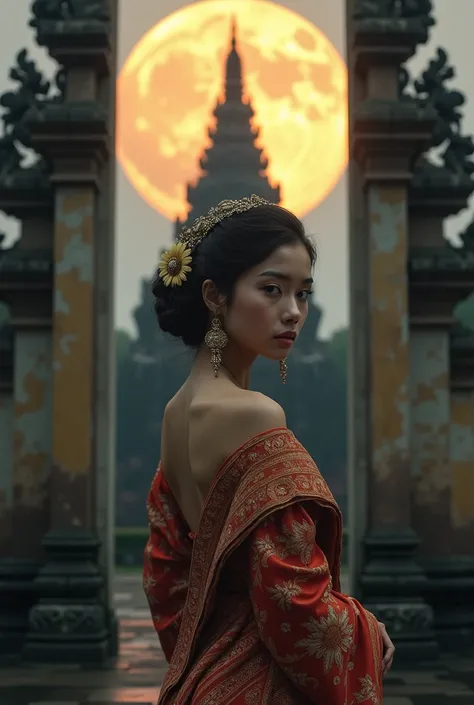 a beautiful woman, with javanese tradional dress, standing close to temple stupa, with fullmon as a background