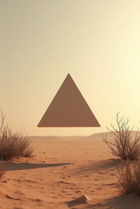 Realistic image of a triangle floating in the desert on the ground floor with dry shrubs