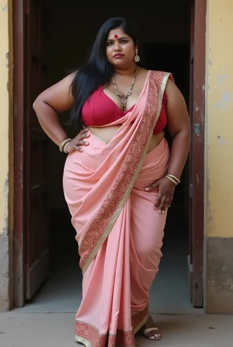 Indian extreme plus size BBW chubby fat busty dark skinned wide woman with dusty face with large breast and large extreme fat curvey figure and wide shoulder and long hair and wearing red deep neck tight fitting blouse with displaying big cleavage and disp...